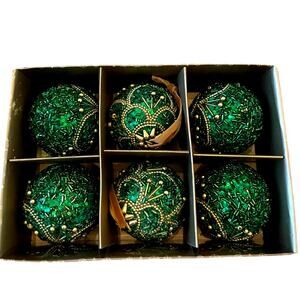 Bella Lux Green Gold Beaded Christmas Ornaments 2.5in Set of 6 Holiday Glam NEW